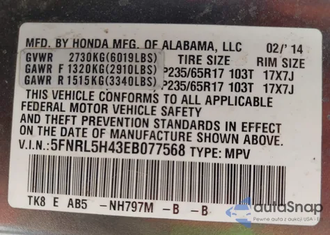 2014 Honda Odyssey Ex z USA, uszkodzony, nr VIN 5FNRL5H43EB077568